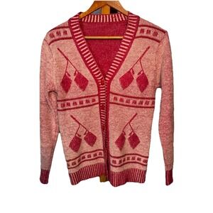 Vintage 70s Cardigan Sweater Red Leaf Embroidered Design Size XS/S